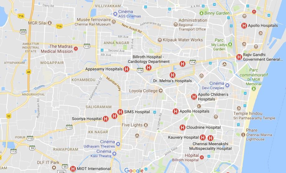 Karte von Chennai Krankenhäuser 