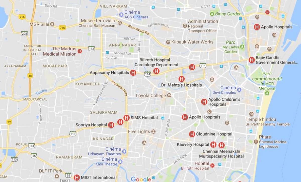 Karte von Chennai Krankenhäuser 
